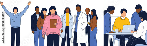 Set of diverse professional people in flat vector style, including business team, doctors, and creative office workers collaborating, isolated on white background,