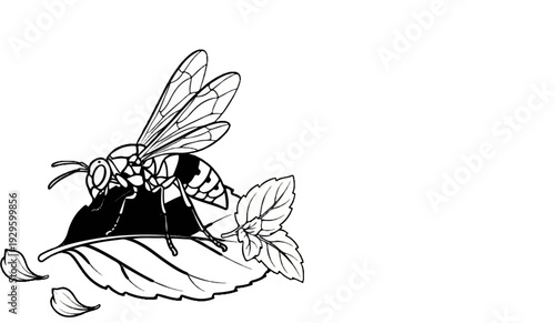 Line art depicts a striped insect perched on a leaf, with scattered petals nearby