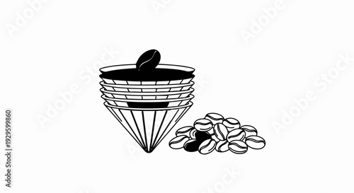 A black and white illustration depicts coffee filters stacked with a coffee bean on top and scattered beans nearby