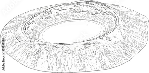 Stylized outline sketch of a volcanic crater with a central lake