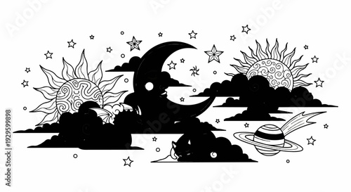 Celestial fantasy with sun, moon, stars, planets, and clouds