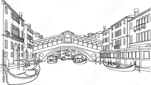 A black and white sketch of a scenic canal with a grand arched bridge and gondolas