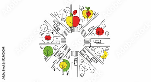 A colorful, stylized overhead view of a busy intersection with apples and trees