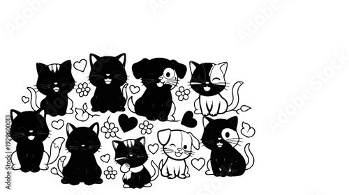 Whimsical black and white cartoon cats and dogs with hearts and flowers