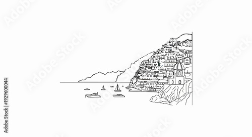 A black and white sketch of a coastal town with buildings cascading down a hill