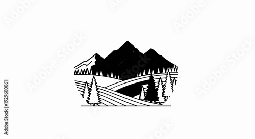 Stylized black and white drawing of a mountainous landscape with trees and rolling hills