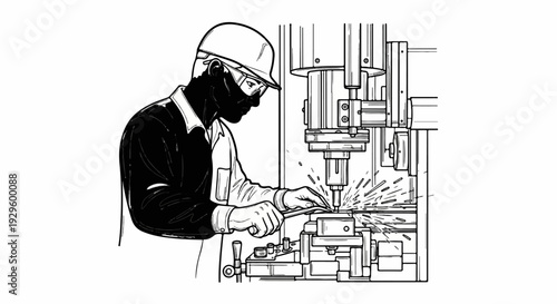 Worker operating machinery, creating sparks and debris