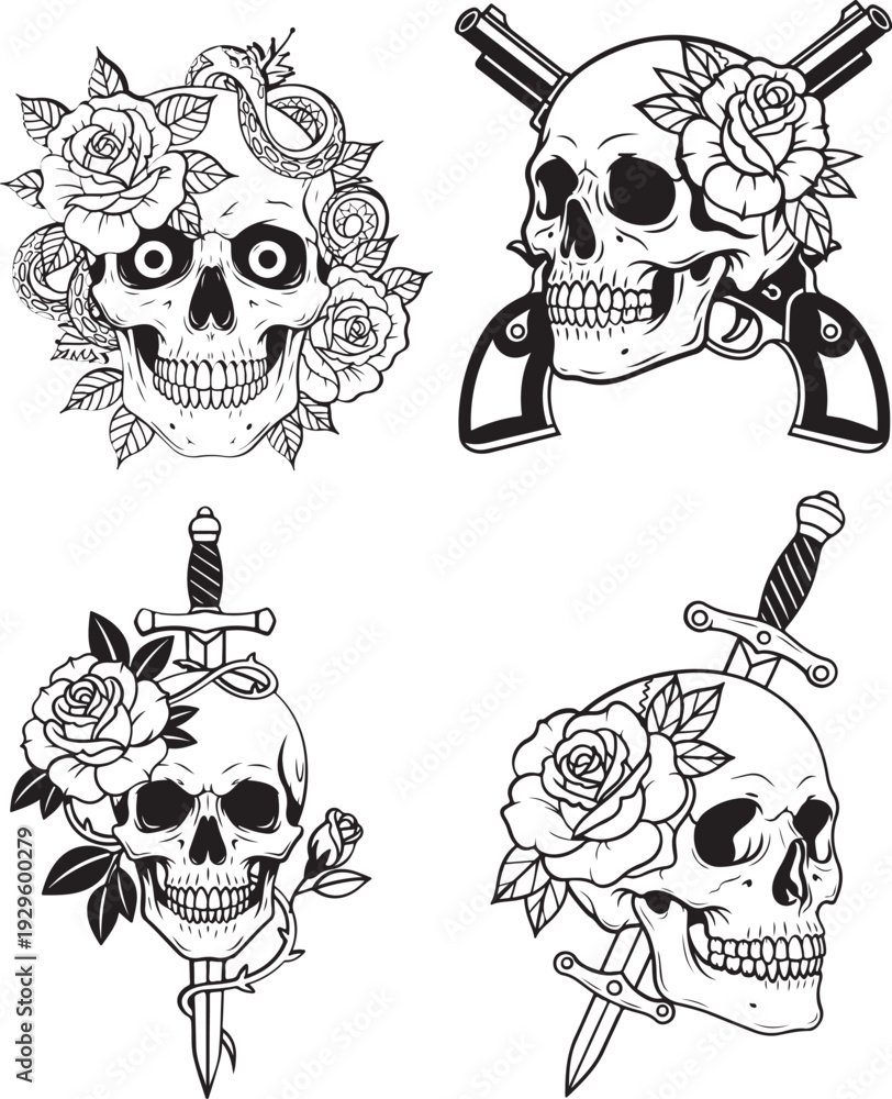Fototapeta premium Skull Hand Drawing Tattoo guns and flowers line flat vector art set