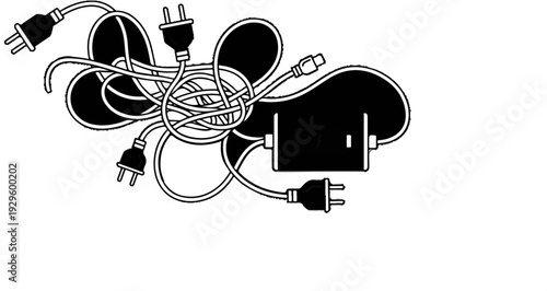 Tangled electrical cords with multiple plugs and a power adapter