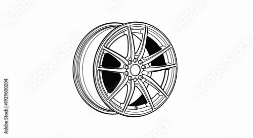 A detailed line drawing of a modern alloy car wheel, highlighting its intricate spoke design