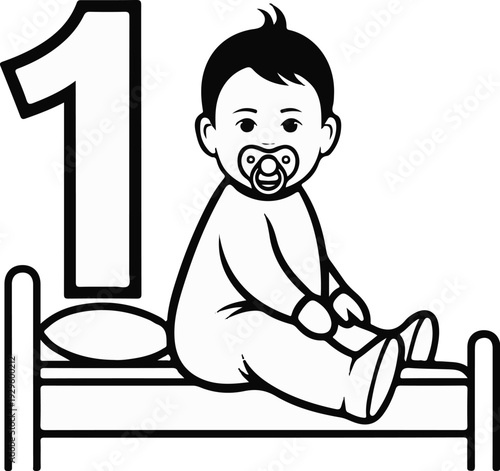 A number one symbol sits next to a baby in a crib with a pacifier