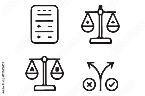 Legal symbols including scales of justice documents and decision icons