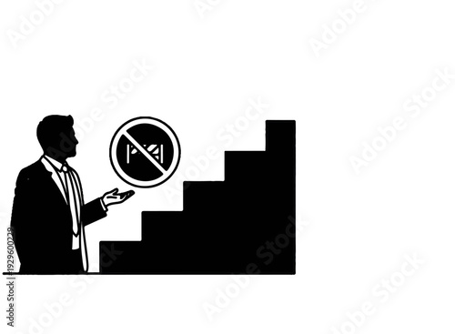 Businessman gesturing towards a forbidden symbol on stairs