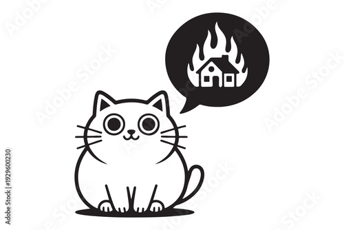 Cute cat character with a burning house speech bubble, cute kitten in dark humor style, vector illustration.