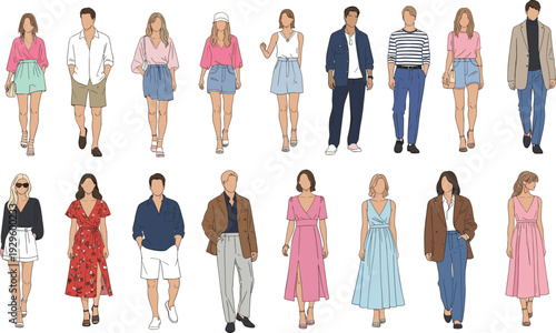 Set of fashionable men and women walking in trendy summer and spring outfits, featuring casual chic street style clothing, isolated vector illustration,