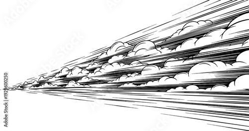 Stylized clouds streak across a bright white sky with strong perspective lines