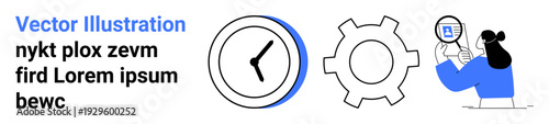 Clock and gear represent time and settings. Person examines data with magnifier, symbolizing analysis. Ideal for business, productivity, research, innovation, management, development simple landing