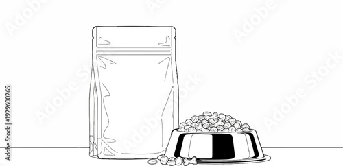 Bag of pet food next to a full dog bowl with kibble and bone-shaped treats