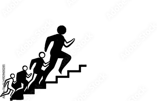 Silhouettes of people running up stairs, depicting progress and teamwork