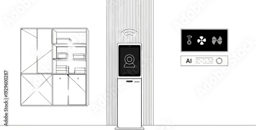 Modern room interior with storage, interactive display, and environmental controls