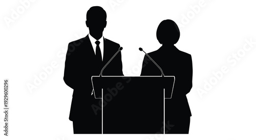 A stark depiction of a man and woman standing at podiums delivering speeches or presentations in silhouette high quality