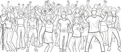 A diverse group of people are shown in a lively celebration, raising their fists in the air