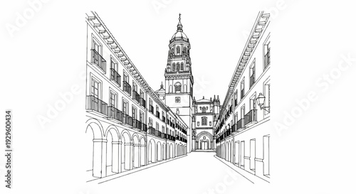 Stylized sketch of a grand cathedral rising above an arched colonnade on a historic street