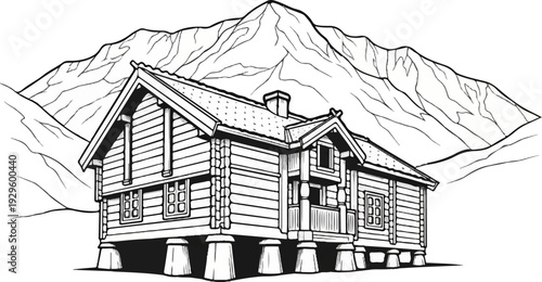 Stylized log cabin on stilts beneath jagged, sketched mountains