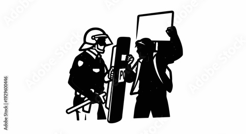 Officer with shield confronts a protestor holding a blank sign