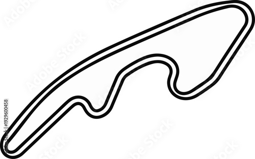 A stylized black and white outline of a winding race track with two parallel lanes