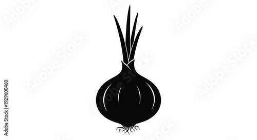 A striking black silhouette of an onion with detailed root structures and layered leaves presented on a white background silhouette