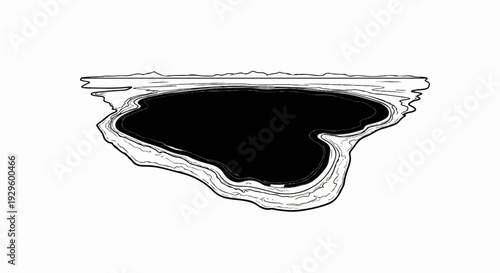 Abstract depiction of a dark, irregular body of water with layered shorelines against a horizon