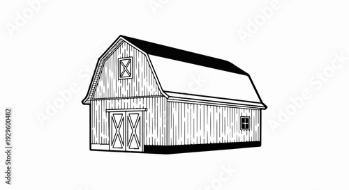 A simple black and white illustration of a wooden barn with double doors and windows