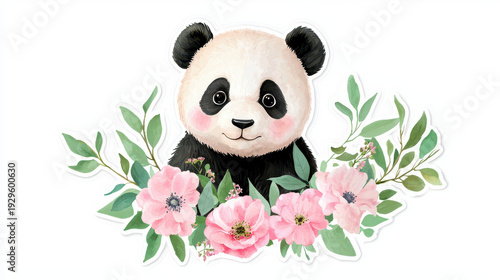 Wallpaper Mural Cute panda surrounded by pink flowers and green leaves, evoking sense of joy and nature beauty Torontodigital.ca