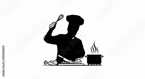 Silhouette of chef whisking ingredients while chopping vegetables next to a steaming pot