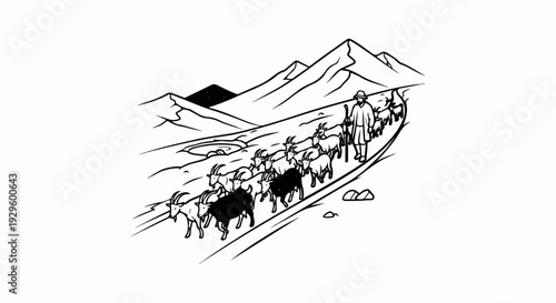 A lone shepherd guides a flock of goats along a winding mountain path