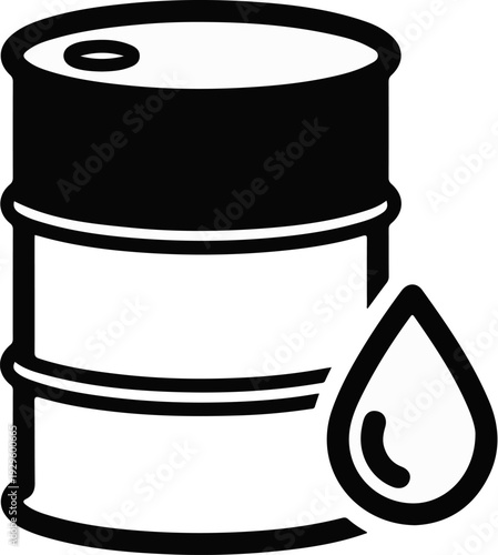 A black and white graphic depicts a barrel and a liquid drop