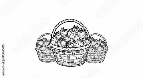 Three woven baskets overflowing with ripe strawberries, rendered in a classic line art style