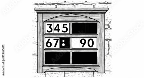 A wooden display case with numbered panels mounted on a brick wall