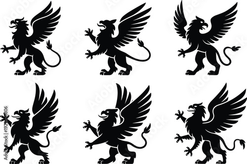 Set of black mythical griffin silhouettes in heraldic poses isolated on white background, featuring the legendary creature with eagle head and lion body for fantasy and crest design.