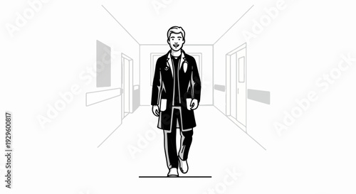 Cheerful male doctor in a lab coat with stethoscope walks down a hospital hallway