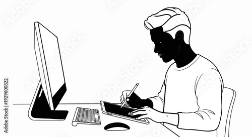 Artist using stylus on tablet beside computer and keyboard