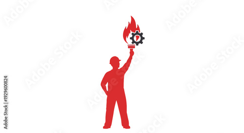 Red silhouette man holding flame gear.