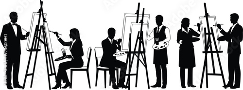 Artists painting on easels silhouettes, creative art studio teamwork scene, professional painters vector illustration collection