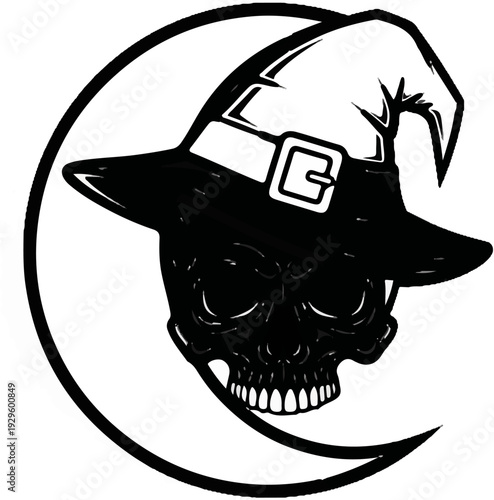 Skull wearing a witch hat against a crescent moon