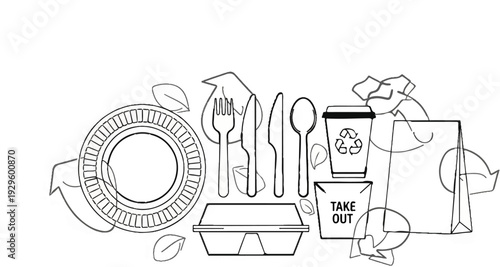 Eco-friendly take-out packaging and utensils with recycling symbols