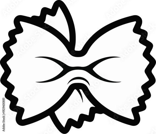 Black and white line art illustration of a farfalle pasta shape