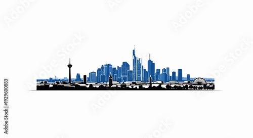 Stylized cityscape silhouette with prominent modern skyscrapers and historical landmarks
