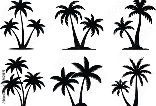 Set of black palm tree silhouettes isolated on white background, tropical coconut trees for summer beach vacation and island nature travel design elements.