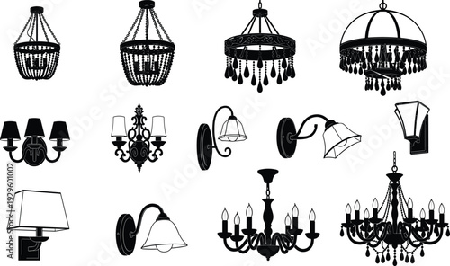 Large Collection of Luxury Chandelier Silhouettes and Elegant Wall Sconce Light Fixture Icons Isolated on White Background for Interior Home Design